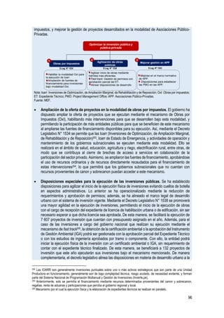 96
impuestos, y mejorar la gestión de proyectos desarrollados en la modalidad de Asociaciones Público-
Privadas.
Nota: Ioarr: Inversiones de Optimización, de Ampliación Marginal, de Rehabilitación y de Reposición; OxI: Obras por impuestos;
ET: Expediente Técnico; PMO: Project Management Office; APP: Asociaciones Público-Privadas.
Fuente: MEF.
• Ampliación de la oferta de proyectos en la modalidad de obras por impuestos. El gobierno ha
dispuesto ampliar la oferta de proyectos que se ejecutan mediante el mecanismo de Obras por
Impuestos (OxI), habilitando más intervenciones para que se desarrollen bajo esta modalidad, y
permitiendo la participación de más entidades públicas para que se beneficien de este mecanismo
al ampliarse las fuentes de financiamiento disponibles para su ejecución. Así, mediante el Decreto
Legislativo N° 1534 se permite que las Ioarr (Inversiones de Optimización, de Ampliación Marginal,
de Rehabilitación y de Reposición)203, Ioarr de Estado de Emergencia, y actividades de operación y
mantenimiento de los gobiernos subnacionales se ejecuten mediante esta modalidad. Ello se
realizará en el ámbito de salud, educación, agricultura y riego, electrificación rural, entre otras, de
modo que se contribuya al cierre de brechas de acceso a servicios en colaboración de la
participación del sector privado. Asimismo, se ampliaron las fuentes de financiamiento, aprobándose
el uso de recursos ordinarios y de recursos directamente recaudados para el financiamiento de
estas intervenciones204, lo que permitirá que los gobiernos subnacionales que no cuentan con
recursos provenientes de canon y sobrecanon puedan acceder a este mecanismo.
• Disposiciones especiales para la ejecución de las inversiones públicas. Se ha establecido
disposiciones para agilizar el inicio de la ejecución física de inversiones evitando cuellos de botella
en aspectos administrativos. Lo anterior se ha operacionalizado mediante la reducción de
requerimientos y aprobación de permisos; además, se ha alineado el marco legal de desarrollo
urbano con el sistema de inversión vigente. Mediante el Decreto Legislativo N° 1538 se promoverá
una mayor agilidad en la ejecución de inversiones, permitiendo el inicio de la ejecución de obras
con el cargo de recepción del expediente de licencia de habilitación urbana o de edificación, sin ser
necesario esperar a que dicha licencia sea aprobada. De esta manera, se facilitará la ejecución de
7 607 proyectos de inversión que cuentan con presupuesto asignado en el año. Además, para el
caso de las inversiones a cargo del gobierno nacional que realizan su ejecución mediante el
mecanismo de fast track205, la obtención de la certificación ambiental o la aprobación del Instrumento
de Gestión Ambiental (IGA) podrá ser gestionada con la aprobación parcial del Expediente Técnico
o con los estudios de ingeniería aprobados por tramo o componente. Con ello, la entidad podrá
iniciar la ejecución física de la inversión con un certificado ambiental o IGA, sin requerimiento de
contar con el expediente técnico finalizado. De esta manera, se beneficiará a 132 proyectos de
inversión que este año ejecutarán sus inversiones bajo el mecanismo mencionado. De manera
complementaria, el decreto legislativo alinea las disposiciones en materia de desarrollo urbano a la
203 Las IOARR son generalmente inversiones puntuales sobre uno o más activos estratégicos que son parte de una Unidad
Productora en funcionamiento, generalmente son de baja complejidad técnica, riesgo acotado, de necesidad evidente, y forman
parte del Sistema Nacional de Programación Multianual y Gestión de Inversiones (Invierte.pe).
204 Anteriormente, solo se permitía el financiamiento mediante recursos determinados provenientes del canon y sobrecanon,
regalías, renta de aduanas y participaciones que perciba el gobierno regional y local.
205 Mecanismo por el cual la ejecución física y la elaboración de expedientes técnicos se realizan en paralelo.
Habilitar la modalidad OxI para
la ejecución de Ioarr.
Ampliación de fuentes de
financiamiento para inversiones
bajo modalidad OxI.
Optimizar la inversión pública y
pública-privada
Obras por impuestos
1 Agilización de obras
públicas
2
Mejorar gestión en APP
3
Agilizar inicio de obras mediante
trámites más eficientes.
Fast track: Gestión de permisos con
aprobación parcial del ET.
Alinear disposiciones de desarrollo
Mejoras en el marco normativo
de APP.
Disposiciones para establecer
las PMO en las APP.
D.Leg. N° 1534 D.Leg. N° 1538 D.Leg. N° 1543
 