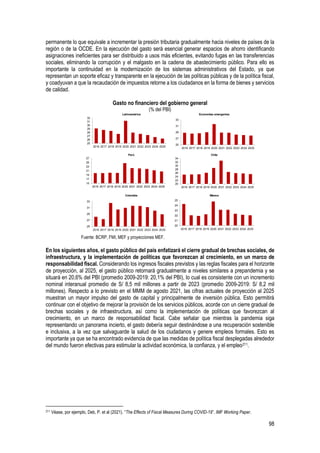 98
permanente lo que equivale a incrementar la presión tributaria gradualmente hacia niveles de países de la
región o de la OCDE. En la ejecución del gasto será esencial generar espacios de ahorro identificando
asignaciones ineficientes para ser distribuido a usos más eficientes, evitando fugas en las transferencias
sociales, eliminando la corrupción y el malgasto en la cadena de abastecimiento público. Para ello es
importante la continuidad en la modernización de los sistemas administrativos del Estado, ya que
representan un soporte eficaz y transparente en la ejecución de las políticas públicas y de la política fiscal,
y coadyuvan a que la recaudación de impuestos retorne a los ciudadanos en la forma de bienes y servicios
de calidad.
Gasto no financiero del gobierno general
(% del PBI)
Fuente: BCRP, FMI, MEF y proyecciones MEF.
En los siguientes años, el gasto público del país enfatizará el cierre gradual de brechas sociales, de
infraestructura, y la implementación de políticas que favorezcan al crecimiento, en un marco de
responsabilidad fiscal. Considerando los ingresos fiscales previstos y las reglas fiscales para el horizonte
de proyección, al 2025, el gasto público retornará gradualmente a niveles similares a prepandemia y se
situará en 20,6% del PBI (promedio 2009-2019: 20,1% del PBI), lo cual es consistente con un incremento
nominal interanual promedio de S/ 8,5 mil millones a partir de 2023 (promedio 2009-2019: S/ 8,2 mil
millones). Respecto a lo previsto en el MMM de agosto 2021, las cifras actuales de proyección al 2025
muestran un mayor impulso del gasto de capital y principalmente de inversión pública. Esto permitirá
continuar con el objetivo de mejorar la provisión de los servicios públicos, acorde con un cierre gradual de
brechas sociales y de infraestructura, así como la implementación de políticas que favorezcan al
crecimiento, en un marco de responsabilidad fiscal. Cabe señalar que mientras la pandemia siga
representando un panorama incierto, el gasto debería seguir destinándose a una recuperación sostenible
e inclusiva, a la vez que salvaguarde la salud de los ciudadanos y genere empleos formales. Esto es
importante ya que se ha encontrado evidencia de que las medidas de política fiscal desplegadas alrededor
del mundo fueron efectivas para estimular la actividad económica, la confianza, y el empleo211.
211 Véase, por ejemplo, Deb, P. et al (2021). “The Effects of Fiscal Measures During COVID-19”. IMF Working Paper.
Latinoamérica Economías emergentes
Perú Chile
Colombia México
15
17
19
21
23
25
27
2016 2017 2018 2019 2020 2021 2022 2023 2024 2025
20
21
22
23
24
25
2016 2017 2018 2019 2020 2021 2022 2023 2024 2025
20
22
24
26
28
30
32
34
2016 2017 2018 2019 2020 2021 2022 2023 2024 2025
25
27
29
31
33
2016 2017 2018 2019 2020 2021 2022 2023 2024 2025
25
26
27
28
29
30
31
32
2016 2017 2018 2019 2020 2021 2022 2023 2024 2025
25
27
29
31
33
2016 2017 2018 2019 2020 2021 2022 2023 2024 2025
 