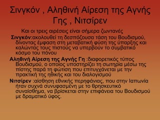 ΢ηλγθόλ , Αιεζηλή Αίξεζε ηεο Αγλήο
           Γεο , Νηηζίξελ
     Καη νη ηξεηο αηξέζεηο είλαη ζήκεξα δσληαλέο
Σηλγθόλ:αθνινπζεί ηε δεζπόδνπζα ηάζε ηνπ Βνπδηζκνύ,
  δίλνληαο έκθαζε ζηε κεηαβαηηθή θύζε ηεο ύπαξμεο θαη
  θαιώληαο ηνπο πηζηνύο λα ππεξβνύλ ην ζπκβαηηθό
  θόζκν ηνπ πόλνπ
Αιεζηλή Αίρεζε ηες Αγλής Γε :δηαθνξεηηθόο ηύπνο
  Βνπδηζκνύ, ν νπνίνο ππνζηεξίδεη ηε ζσηεξία κέζσ ηεο
  πίζηεο παξά ηε θώηηζε πνπ επηηπγράλεηαη κε ηελ
  πξαθηηθή ηεο εζηθήο θαη ηνπ δηαινγηζκνύ
Νηηζίρελ :αίζζεζε εζληθήο πεξεθάληαο, πνπ ζηελ Ηαπσλία
  ήηαλ ζπρλά ζπλπθαζκέλε κε ην ζξεζθεπηηθό
  ζπλαίζζεκα, λα βξίζθεηαη ζηελ επηθάλεηα ηνπ Βνπδηζκνύ
  κε δξακαηηθό ύθνο.
 