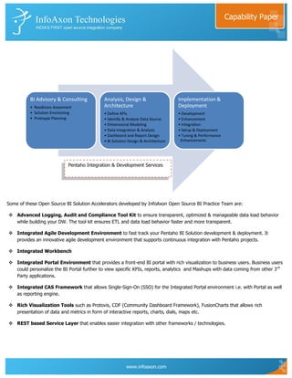 Capability Paper




          BI Advisory & Consulting           Analysis, Design &                    Implementation &
          • Readiness Assesment              Architecture                          Deployment
          • Solution Envisioning             • Define KPIs                         • Development
          • Protoype Planning                • Identify & Analyze Data Source      • Enhancement
                                             • Dimensional Modeling                • Integration
                                             • Data Integration & Analysis         • Setup & Deployment
                                             • Dashboard and Report Design         • Tuning & Performance
                                             • BI Solution Design & Architecture    Enhancements




                              Pentaho Integration & Development Services




Some of these Open Source BI Solution Accelerators developed by InfoAxon Open Source BI Practice Team are:

 Advanced Logging, Audit and Compliance Tool Kit to ensure transparent, optimized & manageable data load behavior
  while building your DW. The tool kit ensures ETL and data load behavior faster and more transparent.

 Integrated Agile Development Environment to fast track your Pentaho BI Solution development & deployment. It
  provides an innovative agile development environment that supports continuous integration with Pentaho projects.

 Integrated Workbench

 Integrated Portal Environment that provides a front-end BI portal with rich visualization to business users. Business users
  could personalize the BI Portal further to view specific KPIs, reports, analytics and Mashups with data coming from other 3 rd
  Party applications.

 Integrated CAS Framework that allows Single-Sign-On (SSO) for the Integrated Portal environment i.e. with Portal as well
  as reporting engine.

 Rich Visualization Tools such as Protovis, CDF (Community Dashboard Framework), FusionCharts that allows rich
  presentation of data and metrics in form of interactive reports, charts, dials, maps etc.

 REST based Service Layer that enables easier integration with other frameworks / technologies.




                                                         www.infoaxon.com
 
