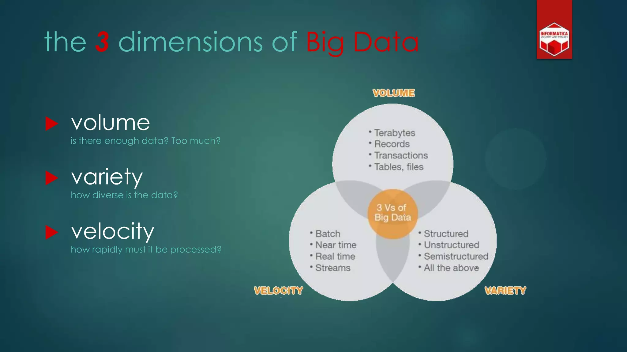 the 3 dimensions of Big Data
 volume
is there enough data? Too much?
 variety
how diverse is the data?
 velocity
how rapidly must it be processed?
 