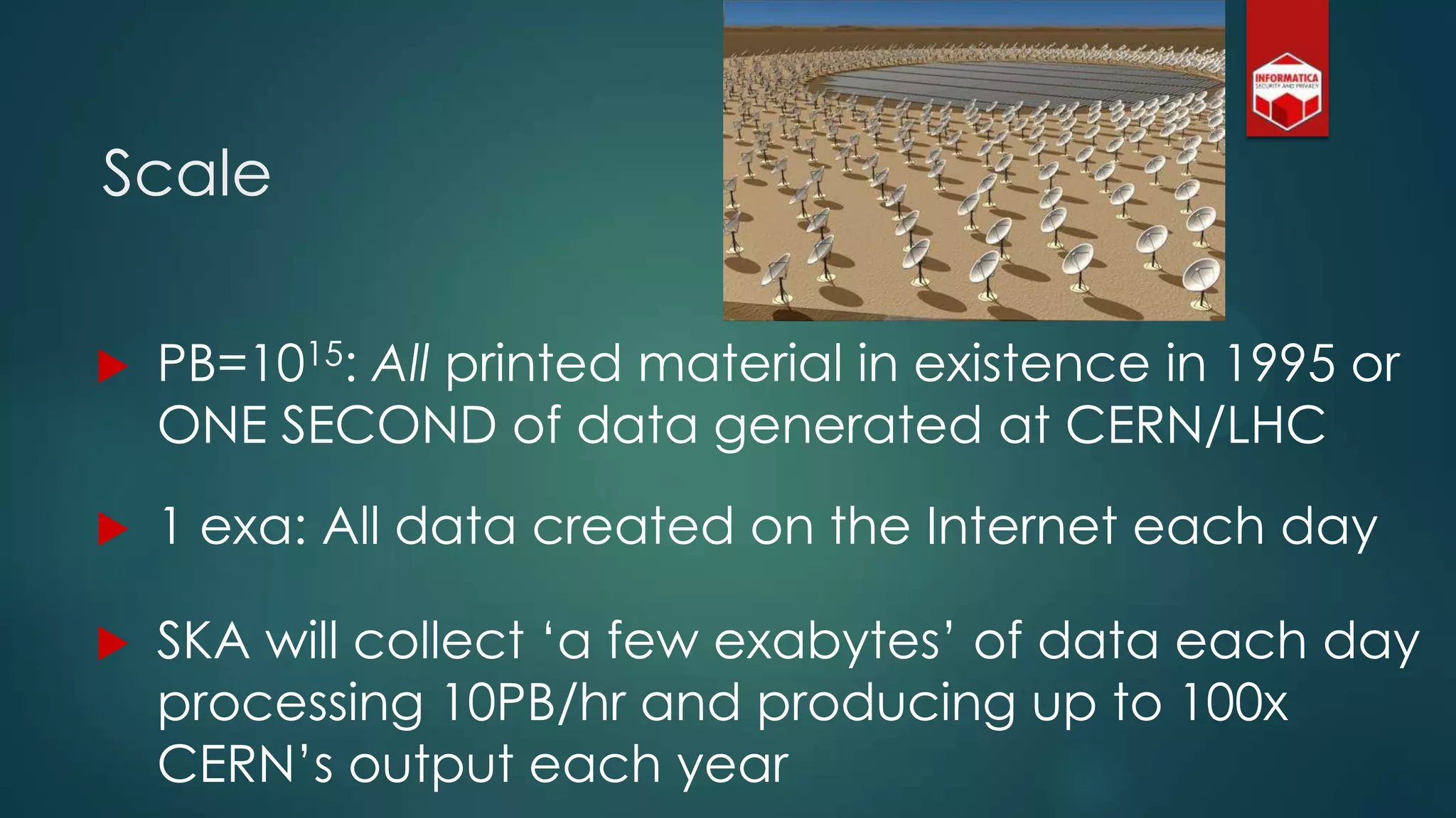 Scale
 PB=1015: All printed material in existence in 1995 or
ONE SECOND of data generated at CERN/LHC
 1 exa: All data created on the Internet each day
 SKA will collect „a few exabytes‟ of data each day
processing 10PB/hr and producing up to 100x
CERN‟s output each year
 