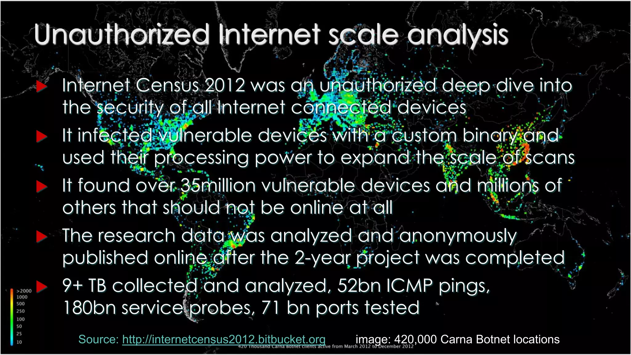  Internet Census 2012 was an unauthorized deep dive into
the security of all Internet connected devices
 It infected vulnerable devices with a custom binary and
used their processing power to expand the scale of scans
 It found over 35million vulnerable devices and millions of
others that should not be online at all
 The research data was analyzed and anonymously
published online after the 2-year project was completed
 9+ TB collected and analyzed, 52bn ICMP pings,
180bn service probes, 71 bn ports tested
Unauthorized Internet scale analysis
Source: http://internetcensus2012.bitbucket.org image: 420,000 Carna Botnet locations
 
