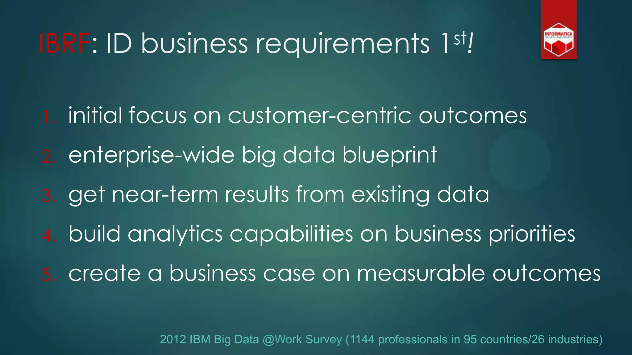 IBRF: ID business requirements 1st!
1. initial focus on customer-centric outcomes
2. enterprise-wide big data blueprint
3. get near-term results from existing data
4. build analytics capabilities on business priorities
5. create a business case on measurable outcomes
2012 IBM Big Data @Work Survey (1144 professionals in 95 countries/26 industries)
 