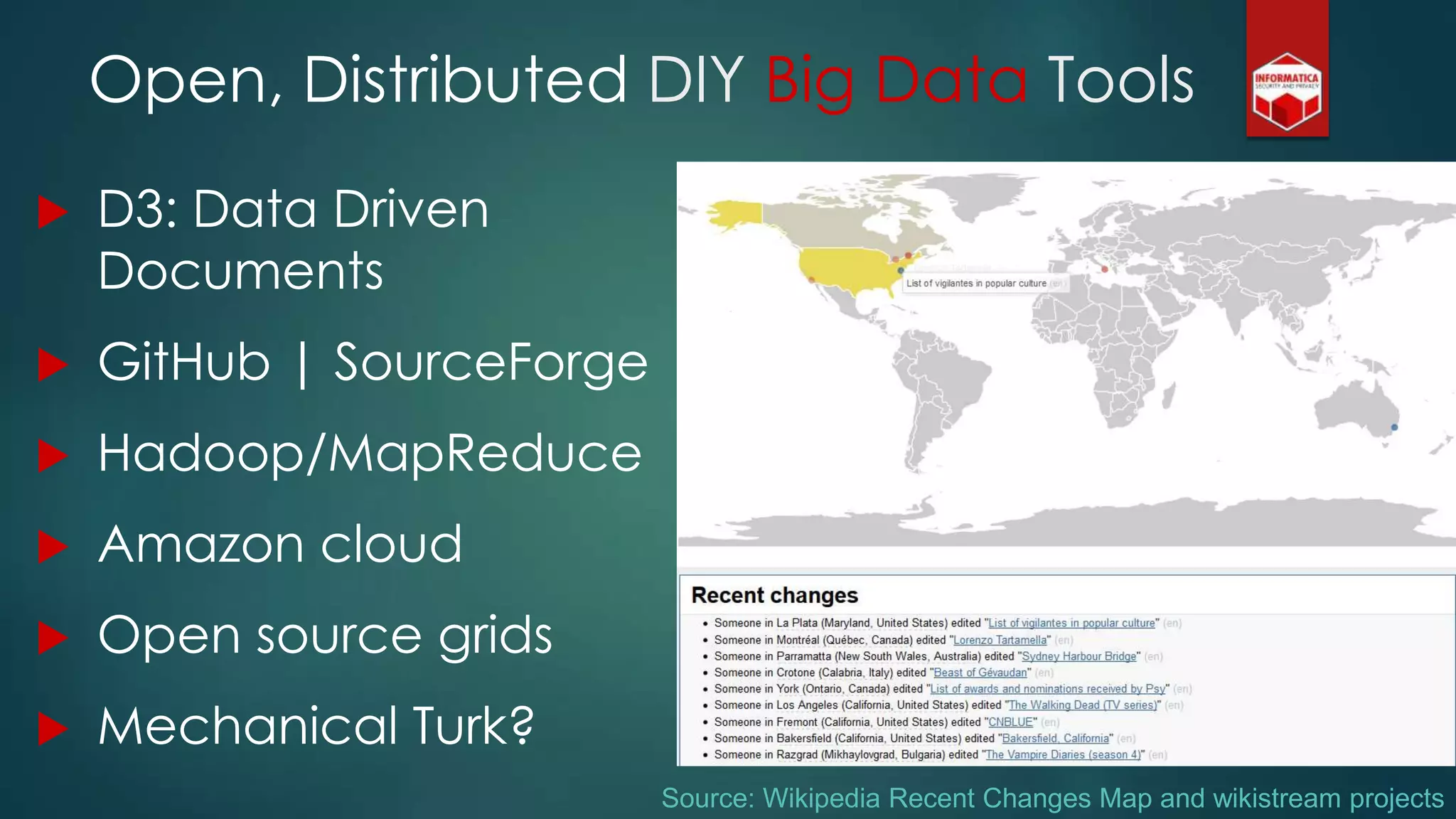 Open, Distributed DIY Big Data Tools
 D3: Data Driven
Documents
 GitHub | SourceForge
 Hadoop/MapReduce
 Amazon cloud
 Open source grids
 Mechanical Turk?
Source: Wikipedia Recent Changes Map and wikistream projects
 