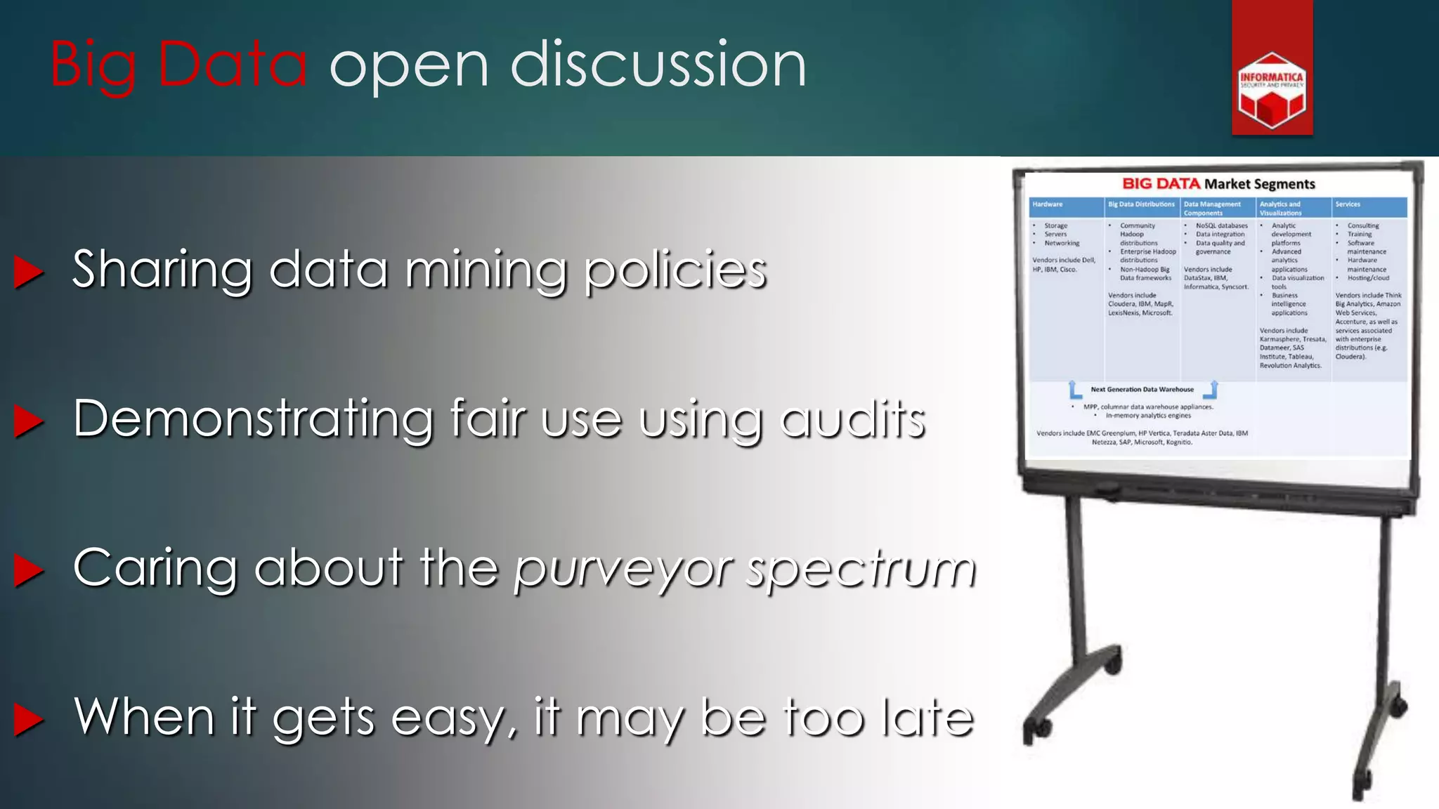  Sharing data mining policies
 Demonstrating fair use using audits
 Caring about the purveyor spectrum
 When it gets easy, it may be too late
Big Data open discussion
 