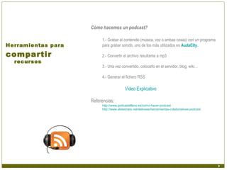 Cómo hacemos un podcast?

                         1.- Grabar el contenido (música, voz o ambas cosas) con un programa
Herramientas para        para grabar sonido, uno de los más utilizados es AudaCity.

compartir                2.- Convertir el archivo resultante a mp3
  recursos
                         3.- Una vez convertido, colocarlo en el servidor, blog, wiki…

                         4.- Generar el fichero RSS

                                        Video Explicativo

                    Referencias:
                         http://www.podcastellano.es/como-hacer-podcast
                         http://www.slideshare.net/delineas/herramientas-colaborativas-podcast
 