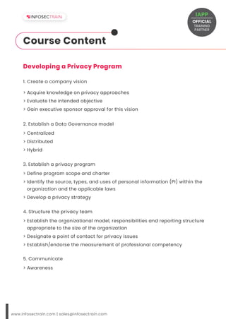 Developing a Privacy Program
> Acquire knowledge on privacy approaches
> Evaluate the intended objective
> Gain executive sponsor approval for this vision
1. Create a company vision
> Centralized
> Distributed
> Hybrid
2. Establish a Data Governance model
3. Establish a privacy program
4. Structure the privacy team
> Awareness
5. Communicate
www.infosectrain.com | sales@infosectrain.com
Course Content
OFFICIAL
TRAINING
IAPP
PARTNER
 