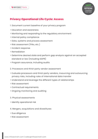 1. Document current baseline of your privacy program
2. Processors and third-party vendor assessment
> Identify operational risk
3. Physical assessments
> Due diligence
> Risk assessment
4. Mergers, acquisitions and divestitures
www.infosectrain.com | sales@infosectrain.com
Privacy Operational Life Cycle: Assess
OFFICIAL
TRAINING
IAPP
PARTNER
 