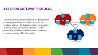 EXTERIOR GATEWAY PROTOCOL
Exterior Gateway Protocol (EGP) is a protocol for
exchanging routing information between two
neighbor gateway hosts (each with its own router)
in a network of autonomous systems. EGP is
commonly used between hosts on the Internet to
exchange routing table information.
 