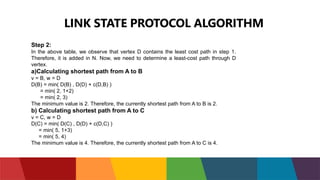 LINK STATE PROTOCOL ALGORITHM
Step 2:
In the above table, we observe that vertex D contains the least cost path in step 1.
Therefore, it is added in N. Now, we need to determine a least-cost path through D
vertex.
a)Calculating shortest path from A to B
v = B, w = D
D(B) = min( D(B) , D(D) + c(D,B) )
= min( 2, 1+2)
= min( 2, 3)
The minimum value is 2. Therefore, the currently shortest path from A to B is 2.
b) Calculating shortest path from A to C
v = C, w = D
D(C) = min( D(C) , D(D) + c(D,C) )
= min( 5, 1+3)
= min( 5, 4)
The minimum value is 4. Therefore, the currently shortest path from A to C is 4.
 