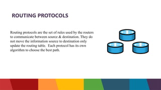 ROUTING PROTOCOLS
Routing protocols are the set of rules used by the routers
to communicate between source & destination. They do
not move the information source to destination only
update the routing table. Each protocol has its own
algorithm to choose the best path.
 