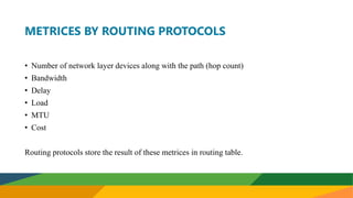 METRICES BY ROUTING PROTOCOLS
• Number of network layer devices along with the path (hop count)
• Bandwidth
• Delay
• Load
• MTU
• Cost
Routing protocols store the result of these metrices in routing table.
 