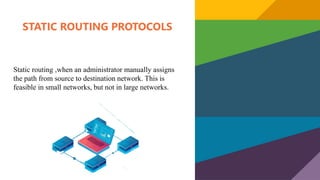 STATIC ROUTING PROTOCOLS
Static routing ,when an administrator manually assigns
the path from source to destination network. This is
feasible in small networks, but not in large networks.
 