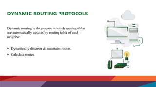 DYNAMIC ROUTING PROTOCOLS
Dynamic routing is the process in which routing tables
are automatically updates by routing table of each
neighbor.
 Dynamically discover & maintains routes.
 Calculate routes
 