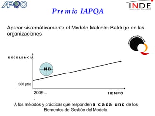 Premio IAPQA  EXCELENCIA TIEMPO 500 ptos Aplicar sistemáticamente el Modelo Malcolm Baldrige en las organizaciones A los métodos y prácticas que responden  a cada uno  de los Elementos de Gestión del Modelo. 2009….. MB 