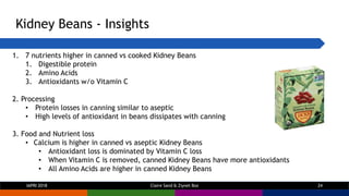 Kidney Beans - Insights
1. 7 nutrients higher in canned vs cooked Kidney Beans
1. Digestible protein
2. Amino Acids
3. Ant...