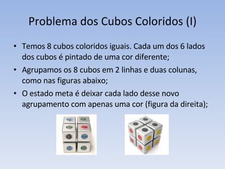 Problema dos Cubos Coloridos (I) Temos 8 cubos coloridos iguais. Cada um dos 6 lados dos cubos é pintado de uma cor diferente; Agrupamos os 8 cubos em 2 linhas e duas colunas, como nas figuras abaixo; O estado meta é deixar cada lado desse novo agrupamento com apenas uma cor (figura da direita); 
