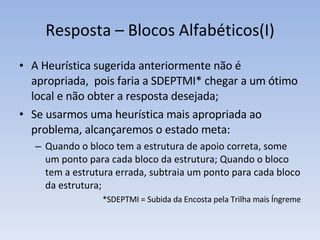 Resposta – Blocos Alfabéticos(I) A Heurística sugerida anteriormente não é apropriada,  pois faria a SDEPTMI* chegar a um ótimo local e não obter a resposta desejada; Se usarmos uma heurística mais apropriada ao problema, alcançaremos o estado meta: Quando o bloco tem a estrutura de apoio correta, some um ponto para cada bloco da estrutura; Quando o bloco tem a estrutura errada, subtraia um ponto para cada bloco da estrutura; *SDEPTMI = Subida da Encosta pela Trilha mais Íngreme 
