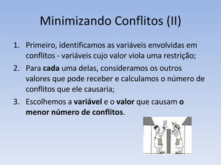 Minimizando Conflitos (II) Primeiro, identificamos as variáveis envolvidas em conflitos - variáveis cujo valor viola uma restrição; Para  cada  uma delas, consideramos os outros valores que pode receber e calculamos o número de conflitos que ele causaria; Escolhemos a  variável  e o  valor  que causam  o menor número de conflitos . 
