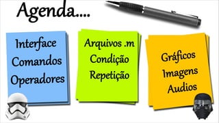 IA - Descrição do 8 Puzzle
Interface
Comandos
Operadores
Arquivos .m
Condição
Repetição
Gráficos
Imagens
Audios
Agenda….
 
