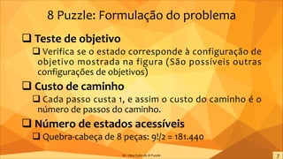 8 Puzzle: Formulação do problema
q Teste de objetivo
q Verifica se o estado corresponde à configuração de
objetivo mostrada na figura (São possíveis outras
configurações de objetivos)
q Custo de caminho
q Cada passo custa 1, e assim o custo do caminho é o
número de passos do caminho.
q Número de estados acessíveis
q Quebra-cabeça de 8 peças: 9!/2 = 181.440
IA - Descrição do 8 Puzzle
 