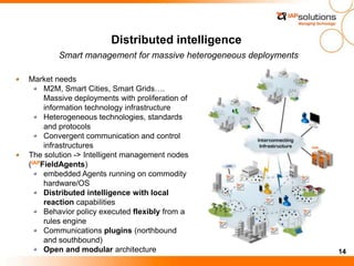 14
Smart management for massive heterogeneous deployments
Distributed intelligence
Market needs
M2M, Smart Cities, Smart Grids….
Massive deployments with proliferation of
information technology infrastructure
Heterogeneous technologies, standards
and protocols
Convergent communication and control
infrastructures
The solution -> Intelligent management nodes
(IAPFieldAgents)
embedded Agents running on commodity
hardware/OS
Distributed intelligence with local
reaction capabilities
Behavior policy executed flexibly from a
rules engine
Communications plugins (northbound
and southbound)
Open and modular architecture
 