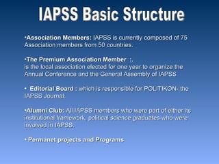 Association Members:  IAPSS is currently composed of 75 Association members from 50 countries. The Premium Association Member  :. is the local association elected for one year to organize the Annual Conference and the General Assembly of IAPSS Editorial Board :  which is responsible for POLITIKON- the IAPSS Journal. Alumni Club:  All IAPSS members who were part of either its institutional framework, political science graduates who were involved in IAPSS. Permanet projects and Programs  IAPSS Basic Structure 