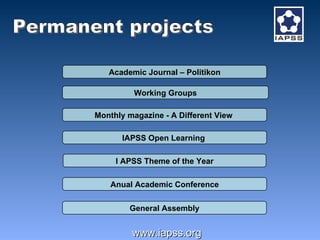 Permanent projects Academic Journal – Politikon Working Groups Monthly  magazine  - A Different View  IAPSS Open Learning  I APSS Theme of the Year Anual Academic Conference General Assembly www.iapss.org 