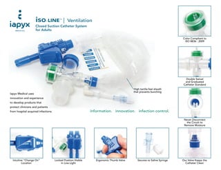 iso-LINE™
Ventilation
Closed Suction Catheter System
for Adults
Iapyx Medical uses
innovation and experience
to develop products that
protect clinicians and patients
from hospital acquired infections. information. innovation. infection control.
Color Compliant to
ISO 8836 : 2009
Double Swivel
and Graduated
Catheter Standard
Our Valve Keeps the
Catheter Clean
Intuitive “Change On”
Location
Locked Position Visible
in Low Light
Ergonomic Thumb Valve Secures to Saline Syringe
Never Disconnect
the Circuit to
Remove Moisture
High tactile-feel sheath
that prevents bunching
 