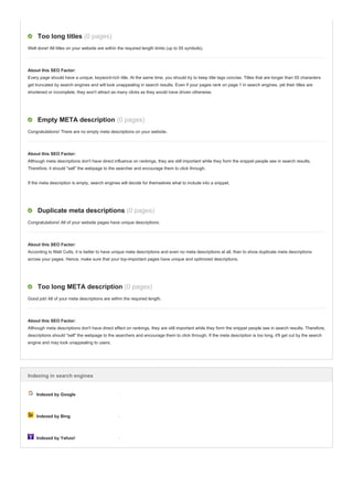 Too long titles (0 pages)
Well done! All titles on your website are within the required length limits (up to 55 symbols).
About this SEO Factor:
Every page should have a unique, keyword-rich title. At the same time, you should try to keep title tags concise. Titles that are longer than 55 characters
get truncated by search engines and will look unappealing in search results. Even if your pages rank on page 1 in search engines, yet their titles are
shortened or incomplete, they won't attract as many clicks as they would have driven otherwise.
Empty META description (0 pages)
Congratulations! There are no empty meta descriptions on your website.
About this SEO Factor:
Although meta descriptions don't have direct influence on rankings, they are still important while they form the snippet people see in search results.
Therefore, it should "sell" the webpage to the searcher and encourage them to click through.
If the meta description is empty, search engines will decide for themselves what to include into a snippet.
Duplicate meta descriptions (0 pages)
Congratulations! All of your website pages have unique descriptions.
About this SEO Factor:
According to Matt Cutts, it is better to have unique meta descriptions and even no meta descriptions at all, than to show duplicate meta descriptions
across your pages. Hence, make sure that your top-important pages have unique and optimized descriptions.
Too long META description (0 pages)
Good job! All of your meta descriptions are within the required length.
About this SEO Factor:
Although meta descriptions don't have direct effect on rankings, they are still important while they form the snippet people see in search results. Therefore,
descriptions should "sell" the webpage to the searchers and encourage them to click through. If the meta description is too long, it'll get cut by the search
engine and may look unappealing to users.
Indexing in search engines
Indexed by Google -
Indexed by Bing -
Indexed by Yahoo! -
 