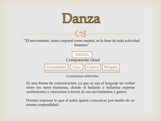 
“El movimiento, tanto corporal como mental, es la base de toda actividad
                               humana”

                                DANZA
                           Componente ritual
              Fecundidad       Caza     Guerra     Religión

                           Ceremonias celebradas

 Es una forma de comunicación, ya que se usa el lenguaje no verbal
 entre los seres humanos, donde el bailarín o bailarina expresa
 sentimientos y emociones a través de sus movimientos y gestos.

 Permite expresar lo que el autor quiere comunicar por medio de su
 misma corporalidad.
 