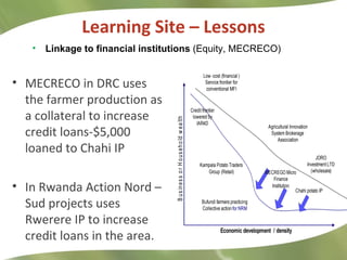 Learning Site – Lessons <ul><li>Linkage to financial institutions   (Equity, MECRECO) </li></ul><ul><li>MECRECO in DRC use...