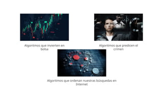 Algoritmos que predicen el
crimen
Algoritmos que ordenan nuestras búsquedas en
Internet
Algoritmos que invierten en
bolsa
 