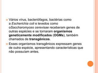  Vários vírus, bacteriófagos, bactérias como
  a Escherichia coli e levedos como
  oSaccharomyces cerevisae receberam genes de
  outras espécies e se tornaram organismos
  geneticamente modificados (OGMs), também
  chamados de transgênicos.
 Esses organismos transgênicos expressam genes
  de outra espécie, apresentando características que
  não possuíam antes.
 