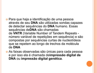  Para que haja a identificação de uma pessoa
  através de seu DNA são utilizadas sondas capazes
  de detectar sequências do DNA humano. Essas
  sequências deDNA são chamadas
  de VNTR (Variable Number of Tandem Repeats -
  número variável de repetições em sequência) e são
  compostas por sequências curtas de nucleotídeos
  que se repetem ao longo de trechos da molécula
  de DNA
 As faixas observadas são únicas para cada pessoa
  e por isso ela é chamada deimpressão digital de
  DNA ou impressão digital genética.
 