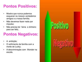 Pontos Positivos:
• Mostra que nunca podemos
esquecer os nossos verdadeiros
amigos e a nossa família;
• Não devemos fazer nada por
impulso;
• Não precisa ter fama e dinheiro
para ser feliz.
Pontos Negativos:
• A ambição;
• O sofrimento da família com a
morte de Lucky;
• A descriminação com Wonder na
escola.
 