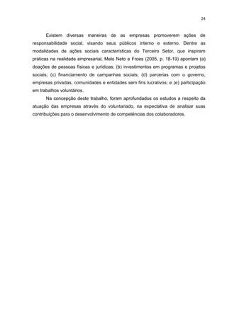 24



      Existem diversas maneiras de as empresas promoverem ações de
responsabilidade social, visando seus públicos interno e externo. Dentre as
modalidades de ações sociais características do Terceiro Setor, que inspiram
práticas na realidade empresarial, Melo Neto e Froes (2005, p. 18-19) apontam (a)
doações de pessoas físicas e jurídicas; (b) investimentos em programas e projetos
sociais; (c) financiamento de campanhas sociais; (d) parcerias com o governo,
empresas privadas, comunidades e entidades sem fins lucrativos; e (e) participação
em trabalhos voluntários.
      Na concepção deste trabalho, foram aprofundados os estudos a respeito da
atuação das empresas através do voluntariado, na expectativa de analisar suas
contribuições para o desenvolvimento de competências dos colaboradores.
 
