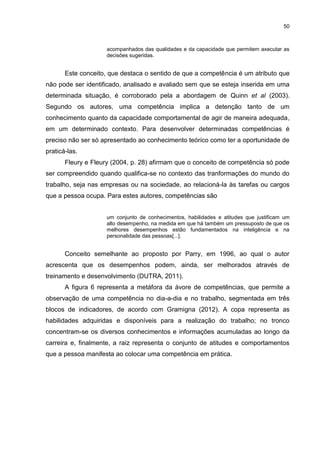 50



                     acompanhados das qualidades e da capacidade que permitem axecutar as
                     decisões sugeridas.


       Este conceito, que destaca o sentido de que a competência é um atributo que
não pode ser identificado, analisado e avaliado sem que se esteja inserida em uma
determinada situação, é corroborado pela a abordagem de Quinn et al (2003).
Segundo os autores, uma competência implica a detenção tanto de um
conhecimento quanto da capacidade comportamental de agir de maneira adequada,
em um determinado contexto. Para desenvolver determinadas competências é
preciso não ser só apresentado ao conhecimento teórico como ter a oportunidade de
praticá-las.
       Fleury e Fleury (2004, p. 28) afirmam que o conceito de competência só pode
ser compreendido quando qualifica-se no contexto das tranformações do mundo do
trabalho, seja nas empresas ou na sociedade, ao relacioná-la às tarefas ou cargos
que a pessoa ocupa. Para estes autores, competências são


                     um conjunto de conhecimentos, habilidades e atitudes que justificam um
                     alto desempenho, na medida em que há também um pressuposto de que os
                     melhores desempenhos estão fundamentados na inteligência e na
                     personalidade das pessoas[...].


       Conceito semelhante ao proposto por Parry, em 1996, ao qual o autor
acrescenta que os desempenhos podem, ainda, ser melhorados através de
treinamento e desenvolvimento (DUTRA, 2011).
       A figura 6 representa a metáfora da ávore de competências, que permite a
observação de uma competência no dia-a-dia e no trabalho, segmentada em três
blocos de indicadores, de acordo com Gramigna (2012). A copa representa as
habilidades adquiridas e disponíveis para a realização do trabalho; no tronco
concentram-se os diversos conhecimentos e informações acumuladas ao longo da
carreira e, finalmente, a raiz representa o conjunto de atitudes e comportamentos
que a pessoa manifesta ao colocar uma competência em prática.
 