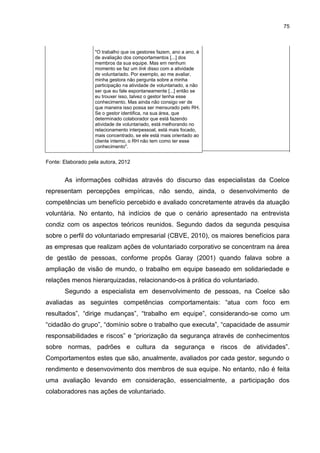 75



                   "O trabalho que os gestores fazem, ano a ano, é
                   de avaliação dos comportamentos [...] dos
                   membros da sua equipe. Mas em nenhum
                   momento se faz um link disso com a atividade
                   de voluntariado. Por exemplo, ao me avaliar,
                   minha gestora não pergunta sobre a minha
                   participação na atividade de voluntariado, a não
                   ser que eu fale espontaneamente [...] então se
                   eu trouxer isso, talvez o gestor tenha esse
                   conhecimento. Mas ainda não consigo ver de
                   que maneira isso possa ser mensurado pelo RH.
                   Se o gestor identifica, na sua área, que
                   determinado colaborador que está fazendo
                   atividade de voluntariado, está melhorando no
                   relacionamento interpessoal, está mais focado,
                   mais concentrado, se ele está mais orientado ao
                   cliente interno, o RH não tem como ter esse
                   conhecimento".


Fonte: Elaborado pela autora, 2012


       As informações colhidas através do discurso das especialistas da Coelce
representam percepções empíricas, não sendo, ainda, o desenvolvimento de
competências um benefício percebido e avaliado concretamente através da atuação
voluntária. No entanto, há indícios de que o cenário apresentado na entrevista
condiz com os aspectos teóricos reunidos. Segundo dados da segunda pesquisa
sobre o perfil do voluntariado empresarial (CBVE, 2010), os maiores benefícios para
as empresas que realizam ações de voluntariado corporativo se concentram na área
de gestão de pessoas, conforme propôs Garay (2001) quando falava sobre a
ampliação de visão de mundo, o trabalho em equipe baseado em solidariedade e
relações menos hierarquizadas, relacionando-os à prática do voluntariado.
       Segundo a especialista em desenvolvimento de pessoas, na Coelce são
avaliadas as seguintes competências comportamentais: “atua com foco em
resultados”, “dirige mudanças”, “trabalho em equipe”, considerando-se como um
“cidadão do grupo”, “domínio sobre o trabalho que executa”, “capacidade de assumir
responsabilidades e riscos” e “priorização da segurança através de conhecimentos
sobre normas, padrões e cultura da segurança e riscos de atividades”.
Comportamentos estes que são, anualmente, avaliados por cada gestor, segundo o
rendimento e desenvovimento dos membros de sua equipe. No entanto, não é feita
uma avaliação levando em consideração, essencialmente, a participação dos
colaboradores nas ações de voluntariado.
 