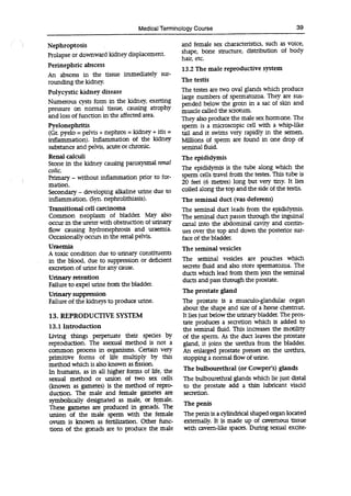 Medical Terminology Course
Nephroptosis
Prolapse or downward kidney displacement.
Perinephric abscess
An abscess in the tissue immediately sur-
rounding the kidney.
Polycystic kidney disease
Numerous cysts form in the kidney, exerting
pressure on normal tissue, causing atrophy
and loss of function in the affected area.
Pyelonephritis
(Gr. pyelo = pelvis + nephros = kidney + itis =
inflammation). Inflammation of the kidney
substance and pelvis, acute or chronic.
Renal calculi
Stone in the kidney causing paroxysmal renal
colic.
Primary -without inflammation prior to for-
mation.
Secondary - developing alkaline urine due to
inflammation. (Syn. nephrolithiasis).
Transitional cell carcinoma
Common neoplasm of bladder. May also
occur in the ureter with obstruction of urinary
flow causing hydronephrosis and uraemia.
Occasionally occurs in the renal pelvis.
Uraemia
A toxic condition due to urinary constituents
in the blood, due to suppression or deficient
excretion of urine for any cause.
Urinary retention
Failure to expel urine from the bladder.
Urinary suppression
Failure of the kidneys to produce urine.
13. REPRODUCTIVE SYSTEM
13.1 Introduction
Living things perpetuate their species by
reproduction. The asexual method is not a
common process in organisms. Certain very
primitive forms of life multiply by this
method which is also known as fission.
In humans, as in all higher forms of life, the
sexual method or union of two sex cells
(known as gametes) is the method of repro-
duction. The male and female gametes are
symbolically designated as male, or female.
These gametes are produced in gonads. The
union of the male sperm with the female
ovum is known as fertilization. Other func-
tions of the gonads are to produce the male
and female sex characteristics, such as voice,
shape, bone structure, distribution of body
hair, etc.
13.2 The male reproductive system
The testis
The testes are two oval glands which produce
large numbers of spermatozoa. They are sus-
pended below the groin in a sac of skin and
muscle called the scrotum.
They also produce the male sex hormone. The
sperm is a microscopic cell with a whip-like
tail and it swims very rapidly in the semen.
Millions of sperm are found in one drop of
seminal fluid.
The epididymis
The epididymis is the tube along which the
sperm cells travel from the testes. This tube is
20 feet (6 metres) long but very tiny. It lies
coiled along the top and the side of the testis.
The seminal duct (vas deferens)
The seminal duct leads from the epididymis.
The seminal duct passes through the inguinal
canal into the abdominal cavity and contin-
ues over the top and down the posterior sur-
face of the bladder.
The seminal vesicles
The seminal vesicles are pouches which
secrete fluid and also store spermatozoa. The
ducts which lead from them join the seminal
ducts and pass through the prostate.
The prostate gland
The prostate is a musculo-glandular organ
about the shape and size of a horse chestnut.
It lies just below the urinary bladder. The pros-
tate produces a secretion which is added to
the seminal fluid. This increases the motility
of the sperm. As the duct leaves the prostate
gland, it joins the urethra from the bladder.
An enlarged prostate presses on the urethra,
stopping a normal flow of urine.
The bulbourethral (or Cowper's) glands
The bulbourethral glands which lie just distal
to the prostate add a thin lubricant viscid
secretion.
The penis
The penis is a cylindrical shaped organ located
externally. it is made up of cavernous tissue
with cavern-like spaces. During sexual excite-
 