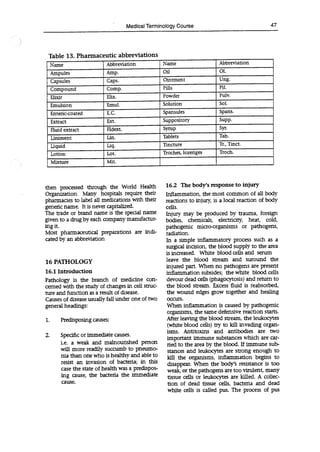 Medical Terminology Course 47
Table 13. Pharmaceutic abbreviations
Name Abbreviation Naine Abbreviation
Ampules Amp. Oil 01.
Capsules Caps. Ointment Ung.
Compound Comp. Pills Pu.
Elixir Elix. Powder Pulv.
Emulsion Emul. Solution Sol.
Enteric-coated E.C. Spansules Spans.
Extract Ext. Suppository Supp.
Fluid extract Fldext. Syrup Syr.
Liniment Lin. Tablets Tab.
Liquid Liq. Tincture Tr., Tinct.
Lotion Lot. Troches, lozenges Troch.
Mixture I Mit.
then processed through the World Health
Organization. Many hospitals require their
pharmacies to label all medications with their
generic name. It is never capitalized.
The trade or brand name is the special name
given to a drug by each company manufactur-
ing it.
Most pharmaceutical preparations are indi-
cated by an abbreviation
16 PATHOLOGY
16.1 Introduction
Pathology is the branch of medicine con-
cerned with the study of changes in cell struc-
ture and function as a result of disease.
Causes of disease usually fail under one of two
general headings:
Predisposing causes;
2. Specific or immediate causes.
i.e. a weak and malnourished person
will more readily succumb to pneumo-
ma than one who is healthy and able to
resist an invasion of bacteria; in this
case the state of health was a predispos-
ing cause, the bacteria the immediate
cause.
16.2 The body's response to injury
Inflammation, the most common of all body
reactions to injury, is a local reaction of body
cells.
Injury may be produced by trauma, foreign
bodies, chemicals, electricity, heat, cold,
pathogenic micro-organisms or pathogens,
radiation.
In a simple inflammatory process such as a
surgical incision, the blood supply to the area
is increased. White blood cells and serum
leave the blood stream and suround the
injured part. When no pathogens are present
inflammation subsides; the white blood cells
devour dead cells (phagocytosis) and return to
the blood stream. Excess fluid is reabsorbed,
the wound edges grow together and healing
occurs.
When inflammation is caused by pathogenic
organisms, the same defensive reaction starts.
After leaving the blood steam, the leukocytes
(white blood cells) try to kill invading organ-
isms. Antitoxins and antibodies are two
important immune substances which are car-
ried to the area by the blood. If immune sub-
stances and leukocytes are strong enough to
kill the organisms, inflammation begins to
disappear. When the body's resistance is too
weak, or the pathogens are too virulent, many
tissue cells or leukocytes are killed. A collec-
tion of dead tissue cells, bacteria and dead
white cells is called pus. The process of pus
 