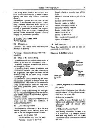 Medical Terminology Course 5
Also, many word elements with which you
must be familiar are similar in sound or even
spelling but have very different meanings
(Table 2).
For example, a patient who has advanced car-
cinoma of the bladder may require a cystec-
tomy, however sometimes when temporary
drainage of the bladder is required, a cys-
tostomy is performed. However, the surgeon
who only incises the bladder, for example to
remove a stone, and sutures it prior to ending
surgery, has performed a cystotomy.
2. BASIC ANATOMY AND
PHYSIOLOGY
2.1 Definitions
Anatomy - the science which deals with the
structure of the body
Physiology-the science dealing with body
functions
2.2 Plan of the human body
The head contains the cranial cavity which is
formed by the skull and encloses the brain.
The trunk is composed of the thoracic, abdom-
inal and pelvic cavities.
The thoracic cavity is formed by sternum, ribs
and thoracic vertebrae. The floor is formed by
the diaphragm. The organs or viscera in the
thoracic cavity are the heart, lungs, trachea
and oesophagus.
The abdominal cavity is formed by the verte-
bral column, and layers of muscle which sup-
port the viscera. The viscera in the abdominal
cavity are the stomach, small and large intes-
tines, liver, gallbladder, spleen, pancreas, and
kidneys.
The pelvic cavity is enclosed by the bony pel-
vis. The viscera in the pelvic cavity are the uri-
nary bladder, organs of reproduction, sigmoid
colon and rectum.
The spinal canal is continuous with the cranial
cavity and lies within the backbone. It
encloses the spinal cord.
2.3 Anatomical position
The individual is considered to be in the ana-
tomical position when standing erect with
arms at the side and palms turned forward.
Apex-top or upper part
Distal-farthest away from the body
Proximal -nearest to the body
Dorsal - back or posterior part of the
body
Ventral - front or anterior part of the
body
Inferior -lower or under
Superior -upper or higher
Antero (anterior) -in front of
Postero (posterior) -behind
Dextro -to the right of
Levo -to the left of
Latero -to the side of
Mes —medi —in the middle of
Opisth -backward
2.4 Cell structure
Tissue fluid surrounds cell and all cells are
composed of protoplasm.
Diagram 1. Cell structure
Cell
Membrane
Cytoplasm
(1) General properties of cell membrane:
(a)Osmosis
materials in solution on one side of a
semipermeable cell membrane attract
fluid from the other side.
(b)Selective permeability
the ability to pass through, e.g. the
kidney units (glomeruli) retain certain
substances and let others filter
through.
(c)Diffusion of a gas or liquid
until evenly distributed on both sides
of a membrane, e.g. oxygen diffuses
from the lung alveoli into the blood
and in the tissues from the blood into
the cells.
Tissue fluid
surrounds
cell
Nucleus
(with
chromatin
network)
 