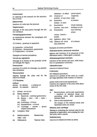 54 Medical Terminology Course
Gastrostomy
an opening in the stomach for the introduc-
tion of food
Jejunostomy
insertion of a tube into the jejunum
Nephrostomy
drainage of the renal pelvis through the kid-
ney substance
Oesophagogastrostomy
an anastomosis between the oesophagus and
the stomach
(3) Centesis -puncture or aspiration
(a)Aspiration - of free fluid
(b)Puncture - thoracentesis, paracentesis
(c)Trephination - of cornea
Examples of centesis procedures:
Cul-de-sac aspiration
drainage of an abscess in the posterior cul-de-
sac through the vagina
Paracentesis
puncture of a cavity for drainage, e.g. paracen-
tesis abdominis
Thoracentesis
tapping through the chest wall for the
removal of fluids
17.2 Excision
Suffixes:
ectomy Gr. ektome a cutting out
exerese Gr. exairesis removal
(1) Ectomy - to cut out
(a) Partial, Subtotal
(j) Resection - subtotal gastrectomy
(ii) Biopsy - bios - life - opsis -
vision
(iii) Guttering - of bone
(iv) Saucerization - of bone
(y) Curettage - curette - spoon-
shaped instrument
(b) Complete, Total
(j) Radical excision Mastectomy
radix - root
(ii) Obliteration Varicose veins
obliterare-to efface (close lumen)
(iii) Avulsion of fingernail,
avellere - to tear away scalp
(iv) Extraction of cataract
trahere - to draw
(y) Enucleation whole cleaning
nucleus -nux (nut) shelling out eye
(vi) Evisceration (eye) (leaving
sciera)
viscera -bowels -
insides
(vii) Epilation-pilus-hair
(viii) Ablation Ab - from of a tumour
latus detached
Examples ofectomy procedures:
Abdominoaortic aneurysm resection
ligation and resection of an aneurysm of the
abdominal aorta; a Teflon graft is inserted.
Abdominoperineal resection
resection of the rectum and anus, with forma-
tion of a permanent colostomy.
Adenoidectomy
removal of adenoid tissue.
Colectomy
left (Mikulicz procedure)
removal of a portion of the colon in a multi-
ple-stage operation with resection of tumour.
partial (with end-to-end anastomosis)
resection of a segment of the colon with direct
suture of the two ends.
right
a) ileocolostomy, end-to-side anastomosis
- resection of terminal ileum and
ascending colon with anastomosis
between them
b) Side-to-side anastomosis
the stumps of the terminal ileum and
transverse colon are dosed
Dilation and curettage
dilating or stretching the cervical canal for the
purposes of exploration and scraping the uter-
ine cavity with a curette.
Embolectomy
removal of a blood clot from an artery.
 