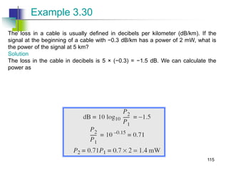 The loss in a cable is usually defined in decibels per kilometer (dB/km). If the
signal at the beginning of a cable with −0.3 dB/km has a power of 2 mW, what is
the power of the signal at 5 km?
Solution
The loss in the cable in decibels is 5 × (−0.3) = −1.5 dB. We can calculate the
power as
Example 3.30
115
 
