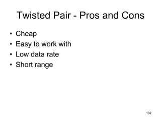 Twisted Pair - Pros and Cons
• Cheap
• Easy to work with
• Low data rate
• Short range
132
 