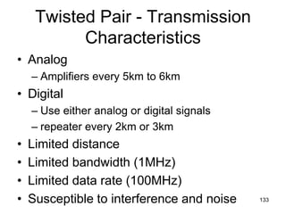 Twisted Pair - Transmission
Characteristics
• Analog
– Amplifiers every 5km to 6km
• Digital
– Use either analog or digital signals
– repeater every 2km or 3km
• Limited distance
• Limited bandwidth (1MHz)
• Limited data rate (100MHz)
• Susceptible to interference and noise 133
 