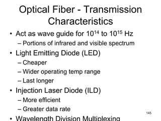 Optical Fiber - Transmission
Characteristics
• Act as wave guide for 1014 to 1015 Hz
– Portions of infrared and visible spectrum
• Light Emitting Diode (LED)
– Cheaper
– Wider operating temp range
– Last longer
• Injection Laser Diode (ILD)
– More efficient
– Greater data rate 145
 