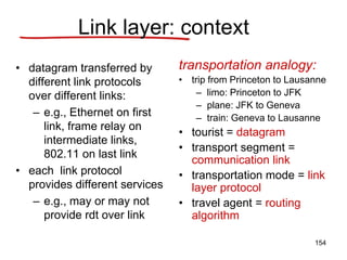 Link layer: context
• datagram transferred by
different link protocols
over different links:
– e.g., Ethernet on first
link, frame relay on
intermediate links,
802.11 on last link
• each link protocol
provides different services
– e.g., may or may not
provide rdt over link
transportation analogy:
• trip from Princeton to Lausanne
– limo: Princeton to JFK
– plane: JFK to Geneva
– train: Geneva to Lausanne
• tourist = datagram
• transport segment =
communication link
• transportation mode = link
layer protocol
• travel agent = routing
algorithm
154
 