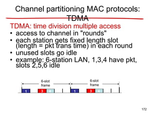 Channel partitioning MAC protocols:
TDMA
TDMA: time division multiple access
• access to channel in "rounds"
• each station gets fixed length slot
(length = pkt trans time) in each round
• unused slots go idle
• example: 6-station LAN, 1,3,4 have pkt,
slots 2,5,6 idle
1 3 4 1 3 4
6-slot
frame
6-slot
frame
172
 
